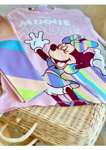 Kız Çocuk Disney Minnie Mouse Baskılı Pamuklu Esnek Kumaş Beli Lastikli Taytlı Ikili Takım modelleri