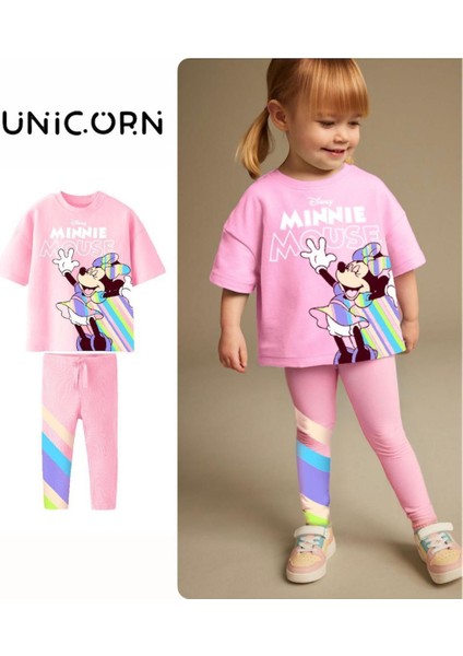 Kız Çocuk Disney Minnie Mouse Baskılı Pamuklu Esnek Kumaş Beli Lastikli Taytlı Ikili Takım indirimleri