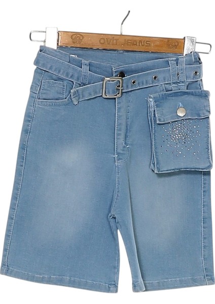 Taşlı Kız Kot Şort Mavi