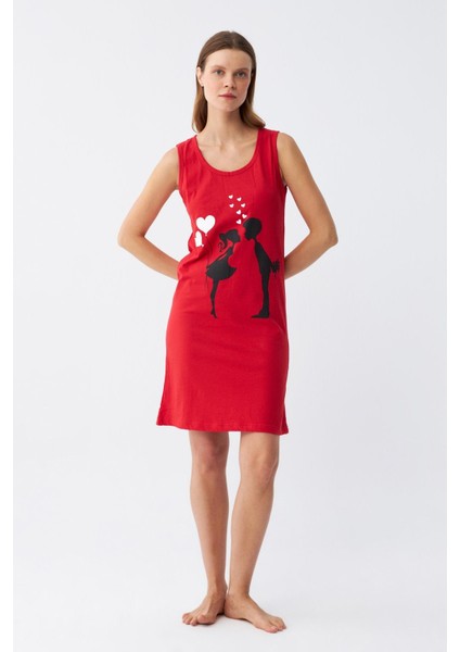 Kadın Kalın Askılı Penye Diz Üstü Kırmızı Gecelik 11310