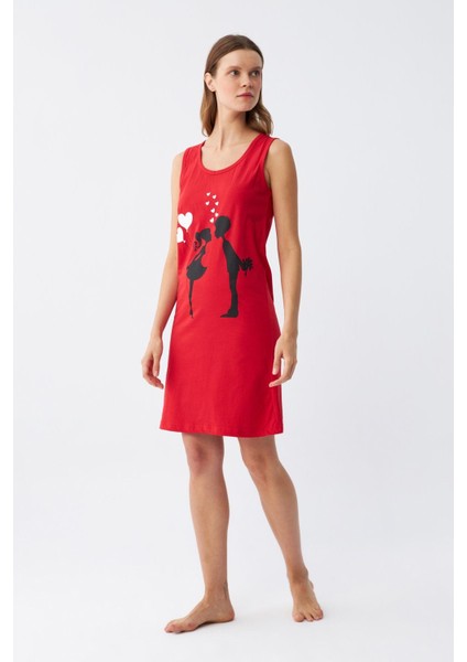 Kadın Kalın Askılı Penye Diz Üstü Kırmızı Gecelik 11310 modelleri