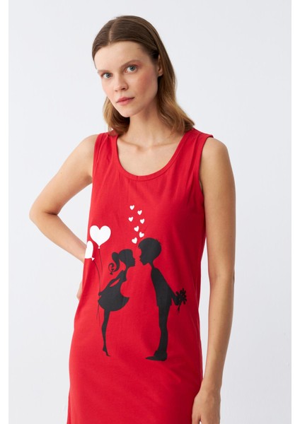 Kadın Kalın Askılı Penye Diz Üstü Kırmızı Gecelik 11310 fırsatları