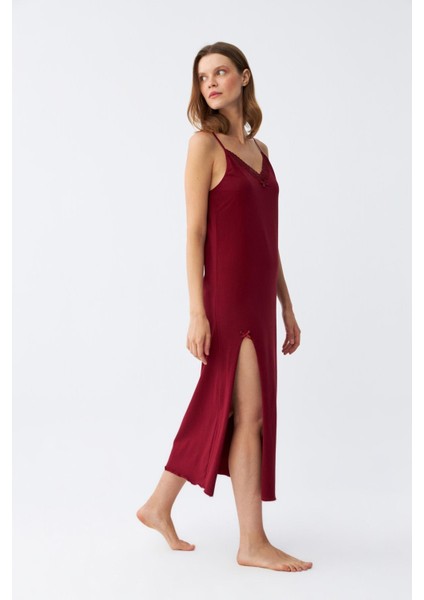 Kadın Ip Askılı Bordo Uzun Gecelik 901
