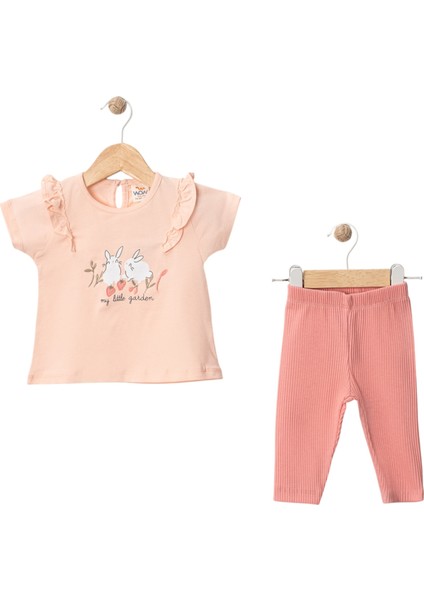 Tavşan Çilek Nakışlı Taytlı Takım Gül Kurusu