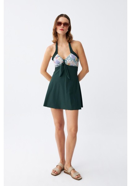 Kadın Çiçek Desenli Fiyonklu Haki Elbise Mayo fiyatları