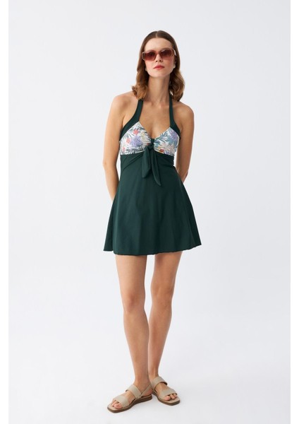 Kadın Çiçek Desenli Fiyonklu Haki Elbise Mayo modelleri