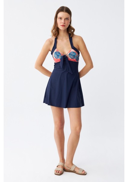 Kadın Tropikal Desenli Fiyonklu Lacivert Elbise Mayo modelleri