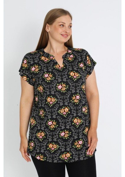 Siyah Büyük Beden Pamuklu Çiçek Desenli Pamuklu Bluz