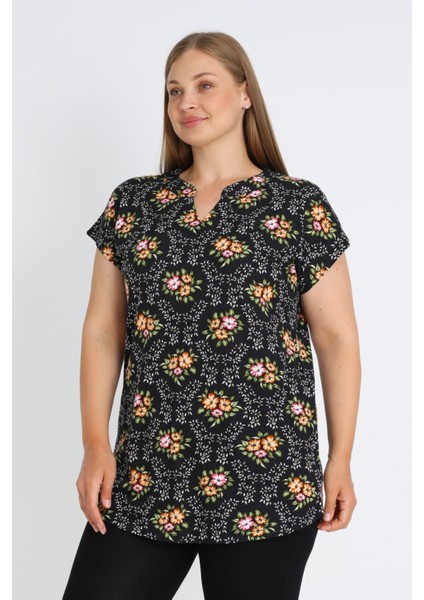 Siyah Büyük Beden Pamuklu Çiçek Desenli Pamuklu Bluz fiyatları