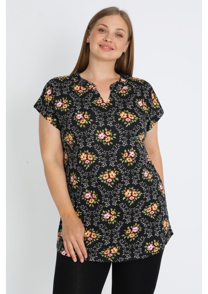 Siyah Büyük Beden Pamuklu Çiçek Desenli Pamuklu Bluz fırsatları