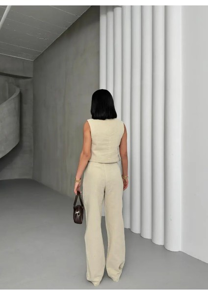 Müslin Yelekli Takım Bej modelleri