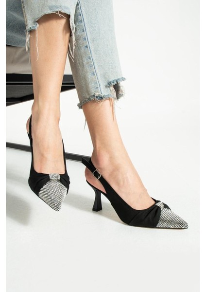 Siyah Saten Önü Taşlı Kadın Topuklu Ayakkabı