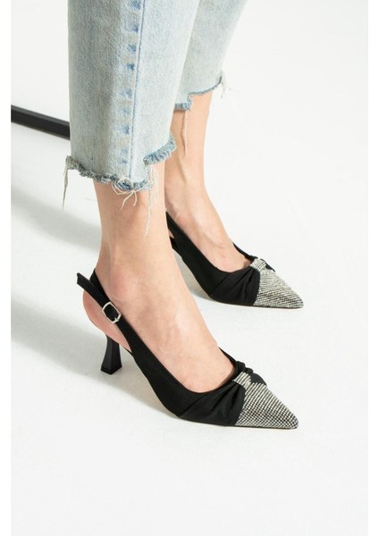 Siyah Saten Önü Taşlı Kadın Topuklu Ayakkabı modelleri