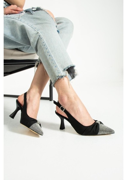 Siyah Saten Önü Taşlı Kadın Topuklu Ayakkabı indirimleri