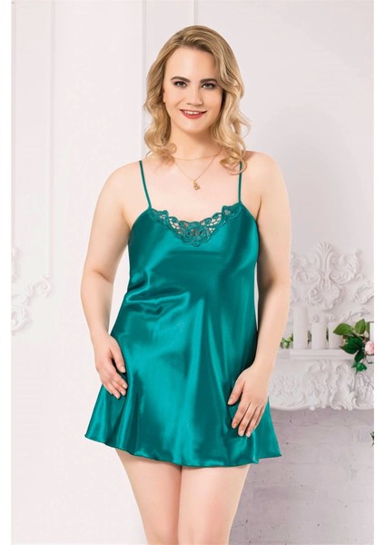 Bicomi Büyük Beden Zümrüt Kısa Saten Gecelik