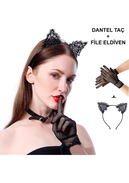 Siyah Kedi Dantel Taç + Eldiven Seti – Parti, Dans ve Kostüm Kombini