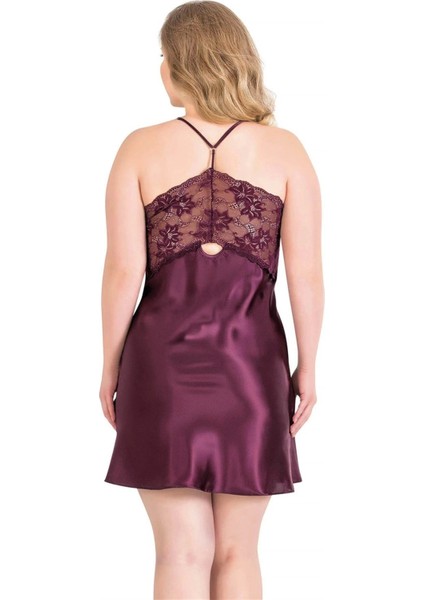 Bicomi Büyük Beden Mürdüm Kısa Saten Gecelik fiyatları