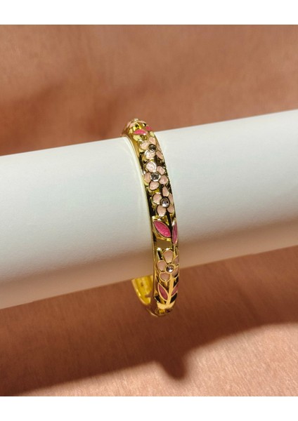 Çiçek Desenli Altın/gold Mineli Kelepçe Bilezik Pembe modelleri