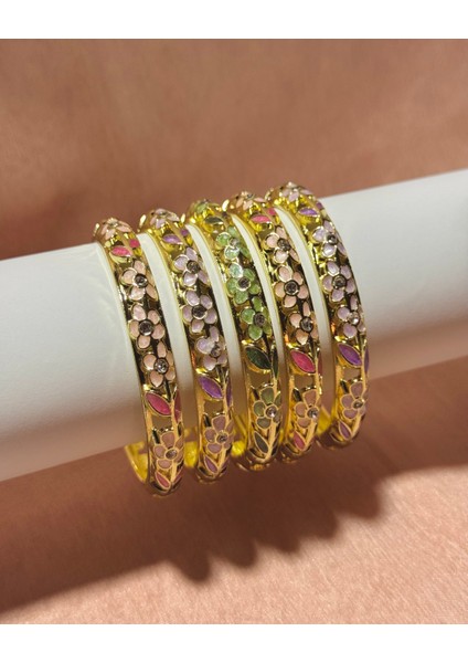 Çiçek Desenli Altın/gold Mineli Kelepçe Bilezik Pembe fırsatları