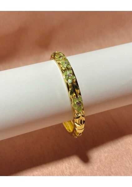 Çiçek Desenli Altın/Gold Mineli Kelepçe Bilezik Su Yeşili modelleri