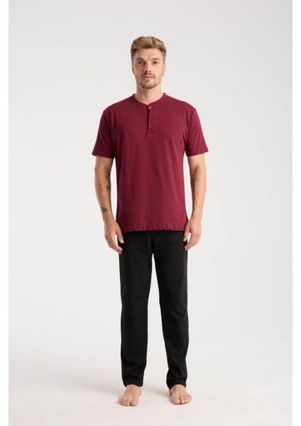 Erkek Bordo Düğmeli Yaka Kısa Kol Pijama Takımı fiyatları