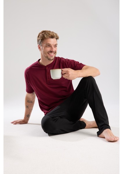 Erkek Bordo Düğmeli Yaka Kısa Kol Pijama Takımı indirimleri