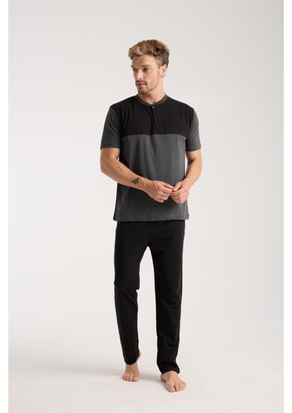 Erkek Antrasit Düğmeli Yaka Kısa Kol Pijama Takımı fiyatları