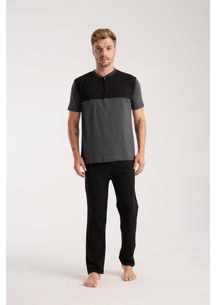 Erkek Antrasit Düğmeli Yaka Kısa Kol Pijama Takımı modelleri