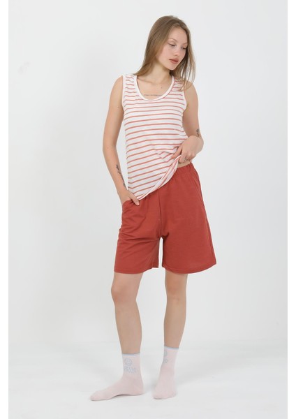 Kadın Kalın Askılı Pamuk Penye Şortlu Takım Turuncu 3637