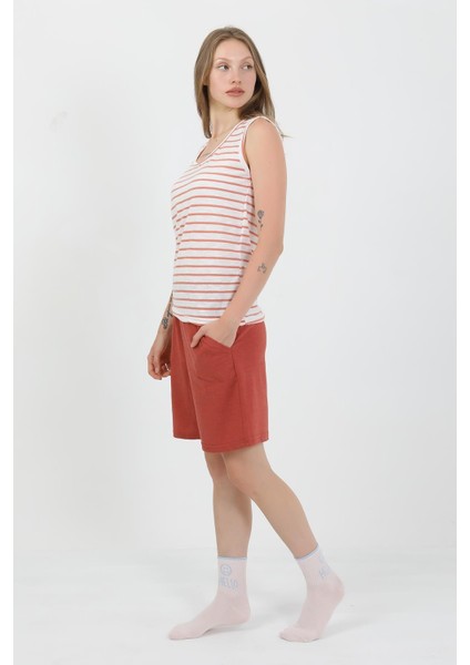 Kadın Kalın Askılı Pamuk Penye Şortlu Takım Turuncu 3637 modelleri