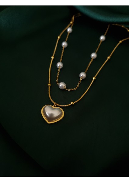 Gold Renk Kalp Detaylı Incili Çoklu Paslanmaz Çelik Kolye