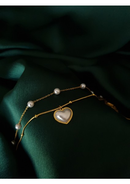 Gold Renk Kalp Detaylı Incili Çoklu Paslanmaz Çelik Kolye fiyatları