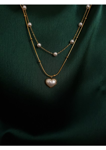 Gold Renk Kalp Detaylı Incili Çoklu Paslanmaz Çelik Kolye fırsatları