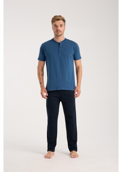 Erkek Indigo Düğmeli Yaka Kısa Kol Pijama Takımı modelleri