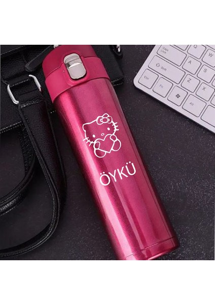 Kişiye Özel Lazer Baskılı 500ML Çelik Hello Kitty Baskılı Termos – Sızdırmaz, Vakumlu, Kilitli Kapak