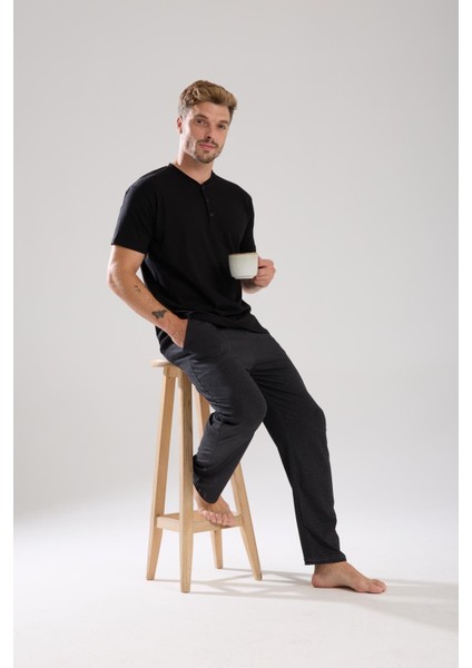 Erkek Füme Düğmeli Yaka Kısa Kol Pijama Takımı fırsatları