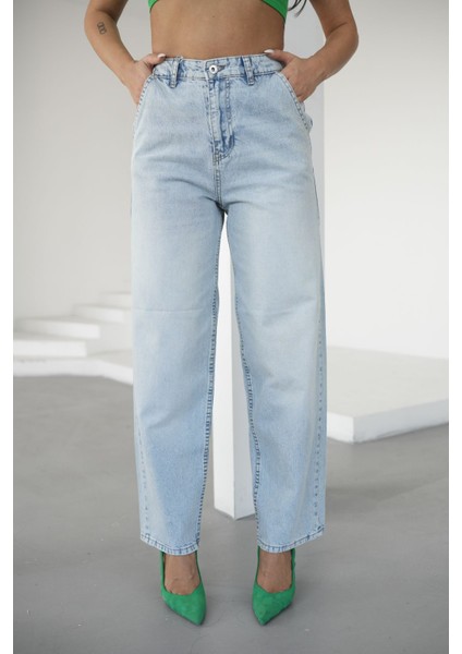 Kadın Buz Mavisi Jeans Skater Yüksek Bel