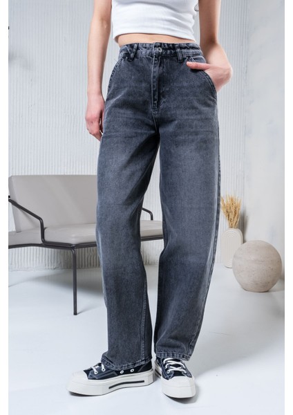 Kadın Gri Yüksek Bel Skater Jeans