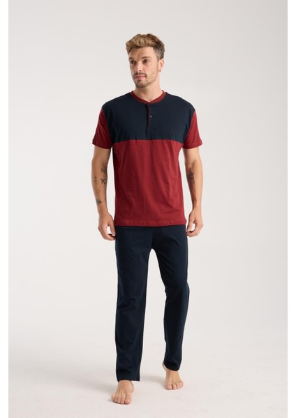 Erkek Bordo Düğmeli Yaka Kısa Kol Pijama Takımı modelleri