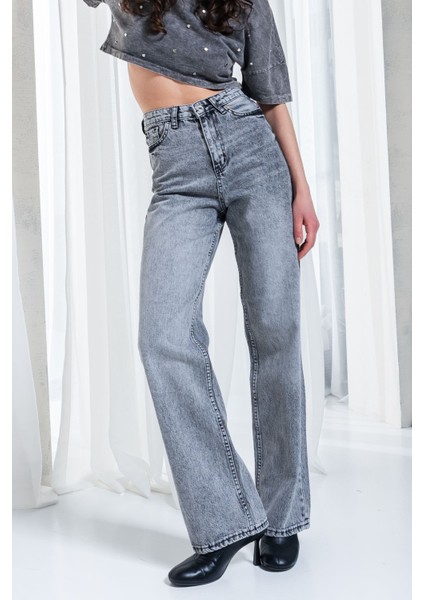 Kadın Gri Yüksek Bel Full Leg Jeans