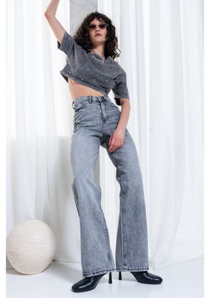 Kadın Gri Yüksek Bel Full Leg Jeans fiyatları