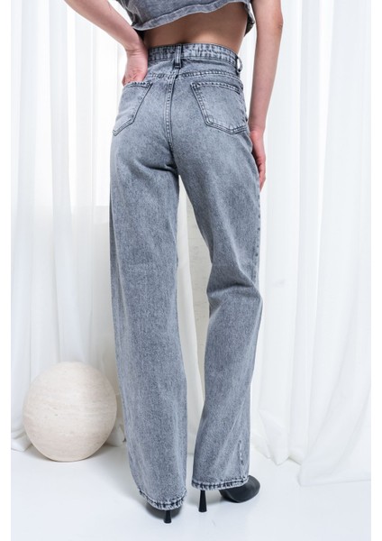 Kadın Gri Yüksek Bel Full Leg Jeans fırsatları
