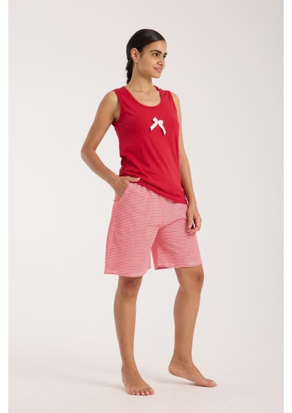 Kadın Kırmızı Kurdele Detaylı Çizgili Şortlu Pijama Takımı