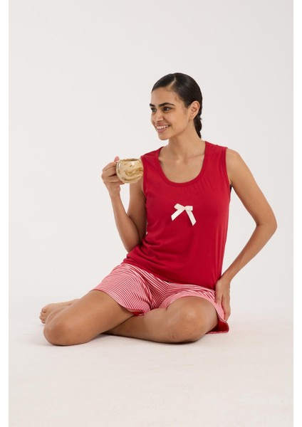 Kadın Kırmızı Kurdele Detaylı Çizgili Şortlu Pijama Takımı fiyatları