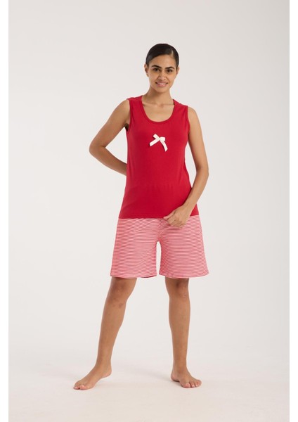 Kadın Kırmızı Kurdele Detaylı Çizgili Şortlu Pijama Takımı modelleri