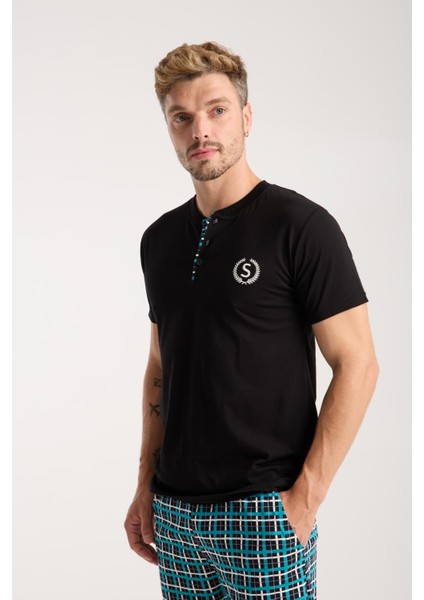 Erkek Düğmeli Yaka Siyah Kısa Kol Pijama Takımı