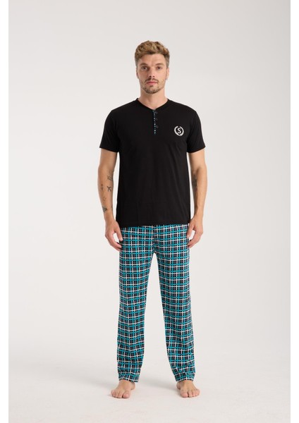 Erkek Düğmeli Yaka Siyah Kısa Kol Pijama Takımı fiyatları