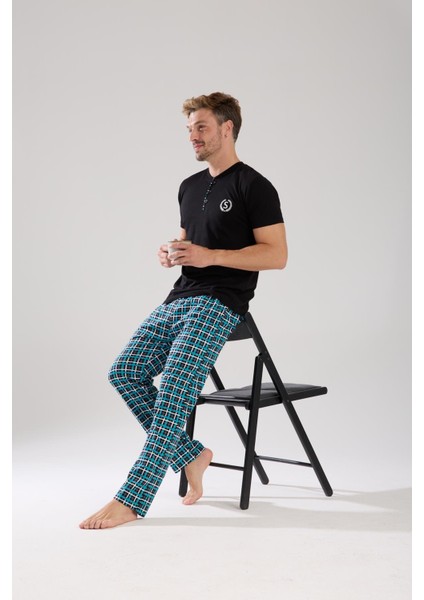 Erkek Düğmeli Yaka Siyah Kısa Kol Pijama Takımı modelleri