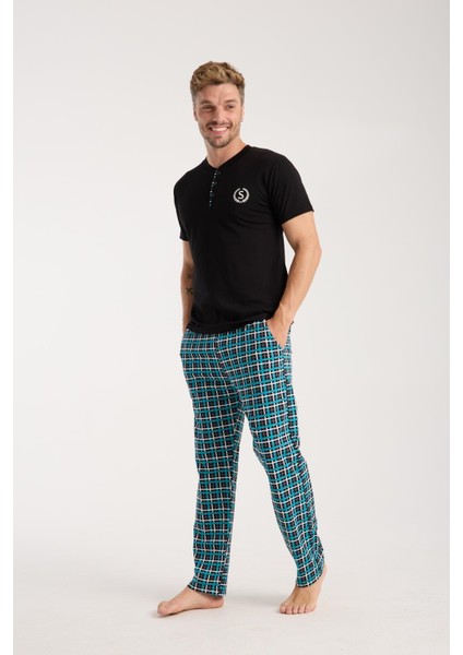 Erkek Düğmeli Yaka Siyah Kısa Kol Pijama Takımı fırsatları