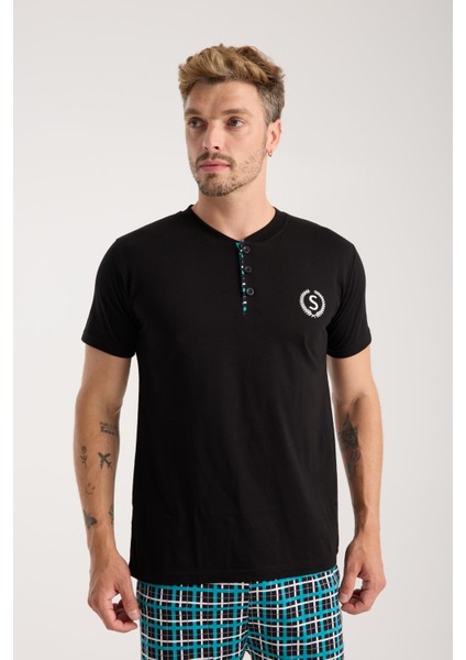 Erkek Düğmeli Yaka Siyah Kısa Kol Pijama Takımı indirimleri